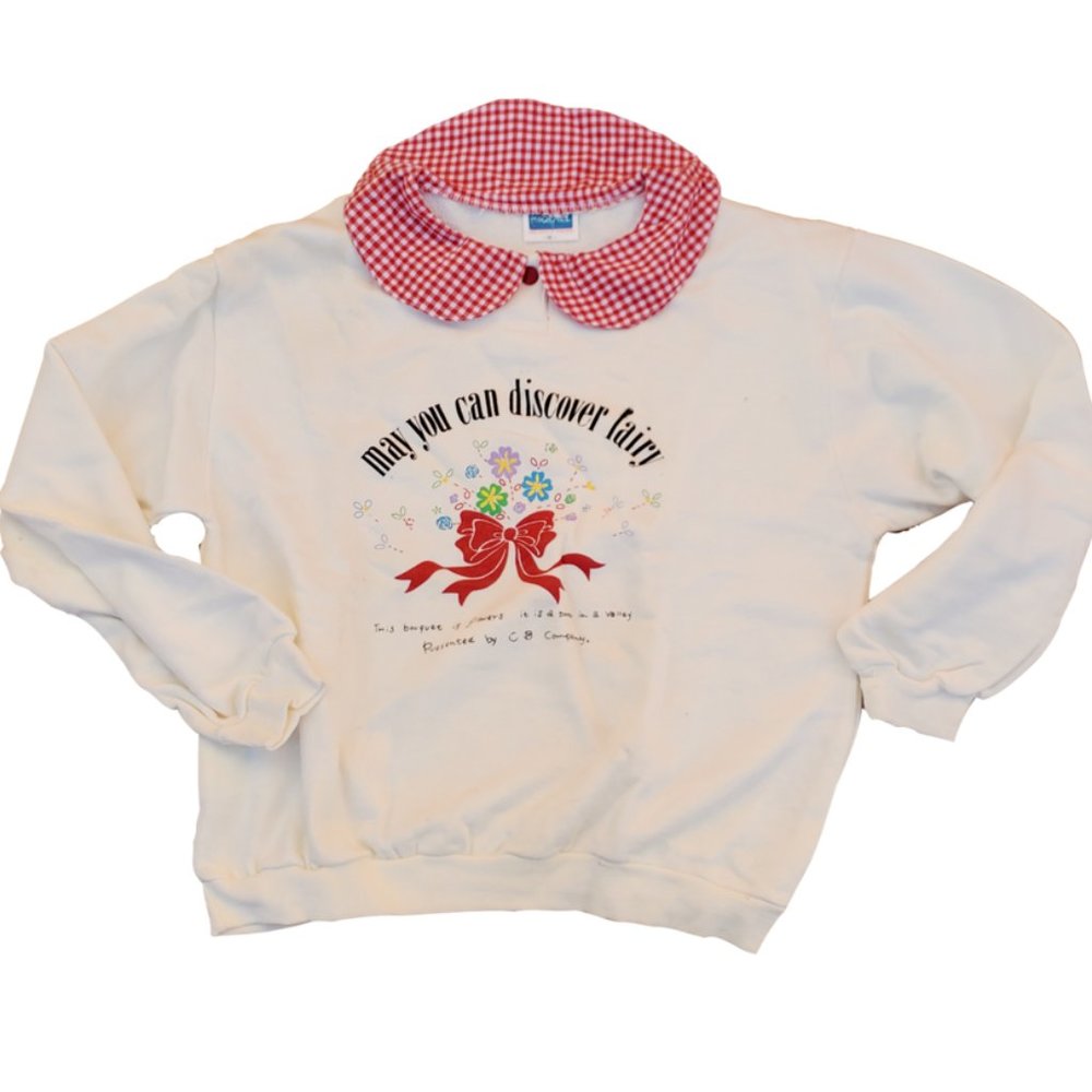 Girls Sweatshirt with Red White Checkered Collar and Print
